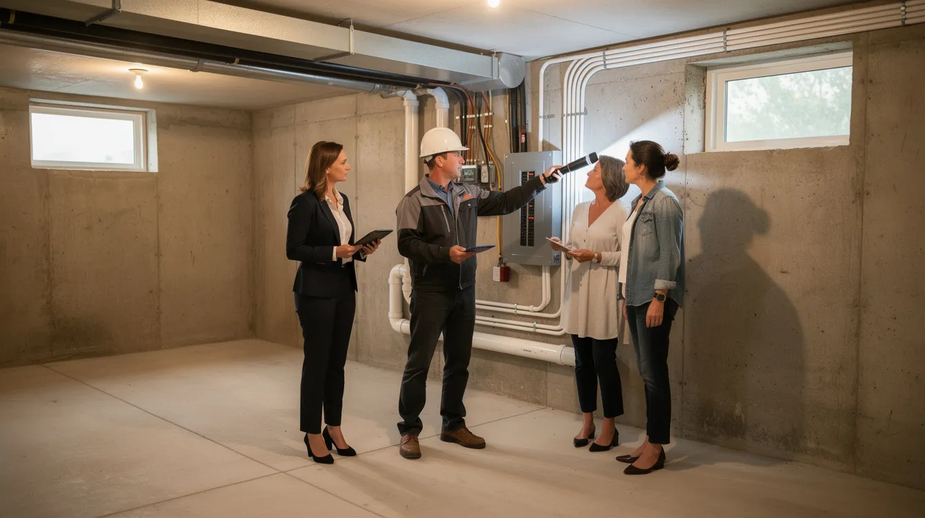 Un inspecteur examine attentivement un sous-sol en présence d'un courtier immobilier et d'acheteurs potentiels, illustrant l'importance de l'accompagnement d'un professionnel lors de l'achat d'une maison. Cette scène met en lumière le rôle essentiel des courtiers dans le processus de transaction immobilière.