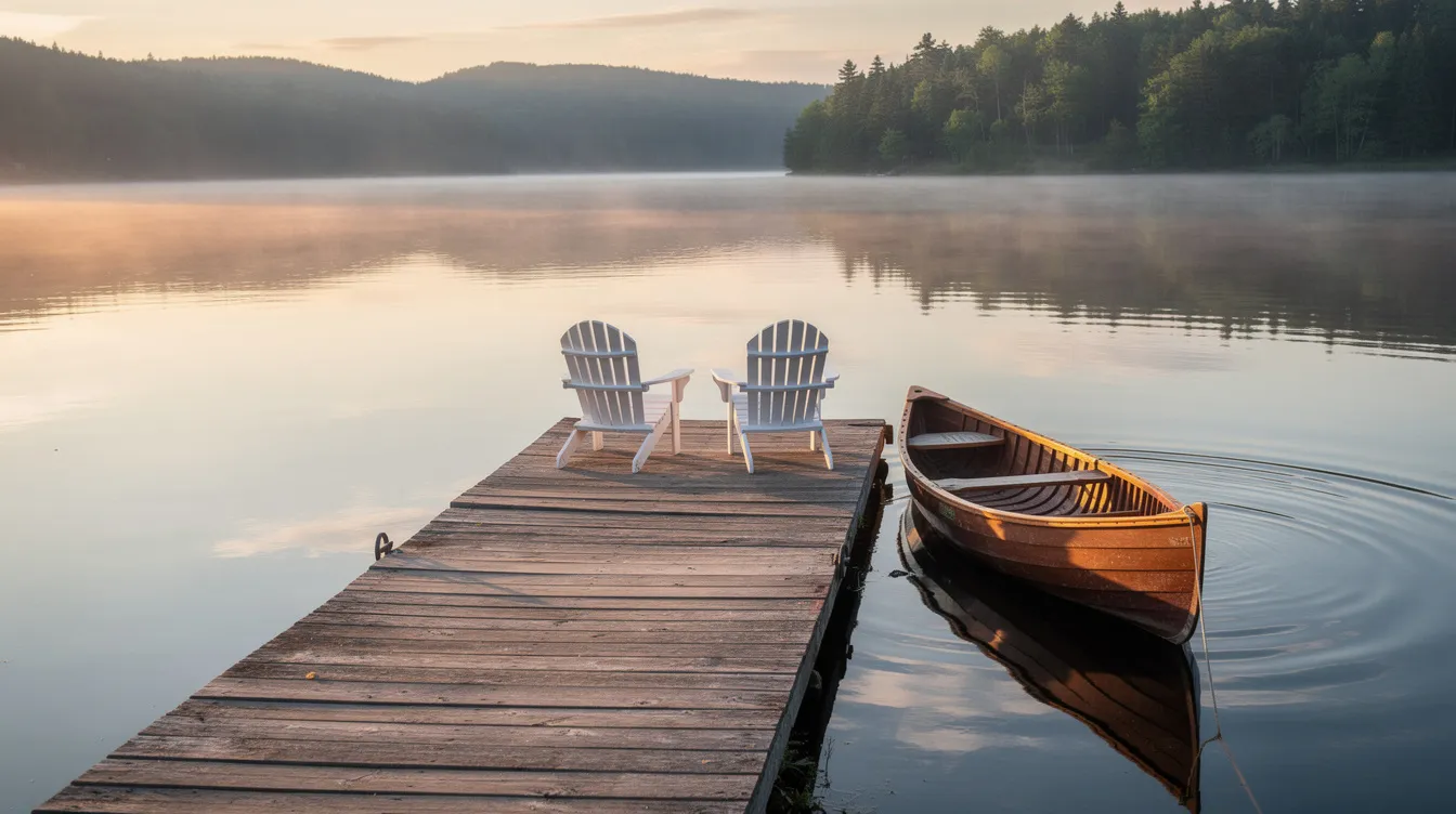 Un quai en bois s'étend sur un lac paisible, avec des chaises Adirondack confortables disposées sur le bord de l'eau et un canot amarré à proximité, créant une atmosphère relaxante idéale pour profiter de la nature. Cette scène évoque l'idée de chalets à vendre dans un cadre idyllique.