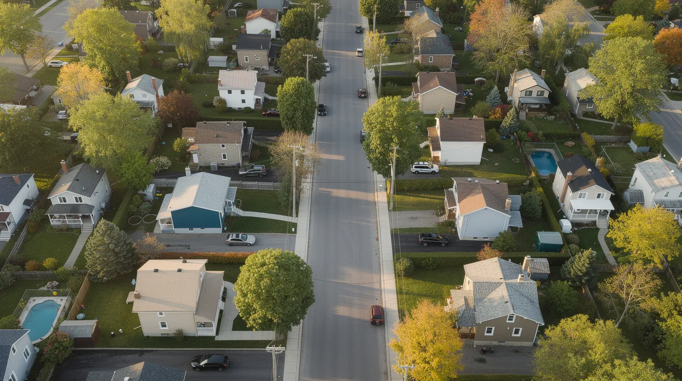 Une vue aérienne d'un quartier résidentiel québécois montre des rues calmes bordées d'arbres, illustrant un environnement paisible idéal pour les acheteurs souhaitant faire affaire avec un courtier immobilier pour l'achat d'une maison. Ce cadre évoque les émotions positives liées à la recherche d'une propriété et aux étapes du processus d'acquisition.