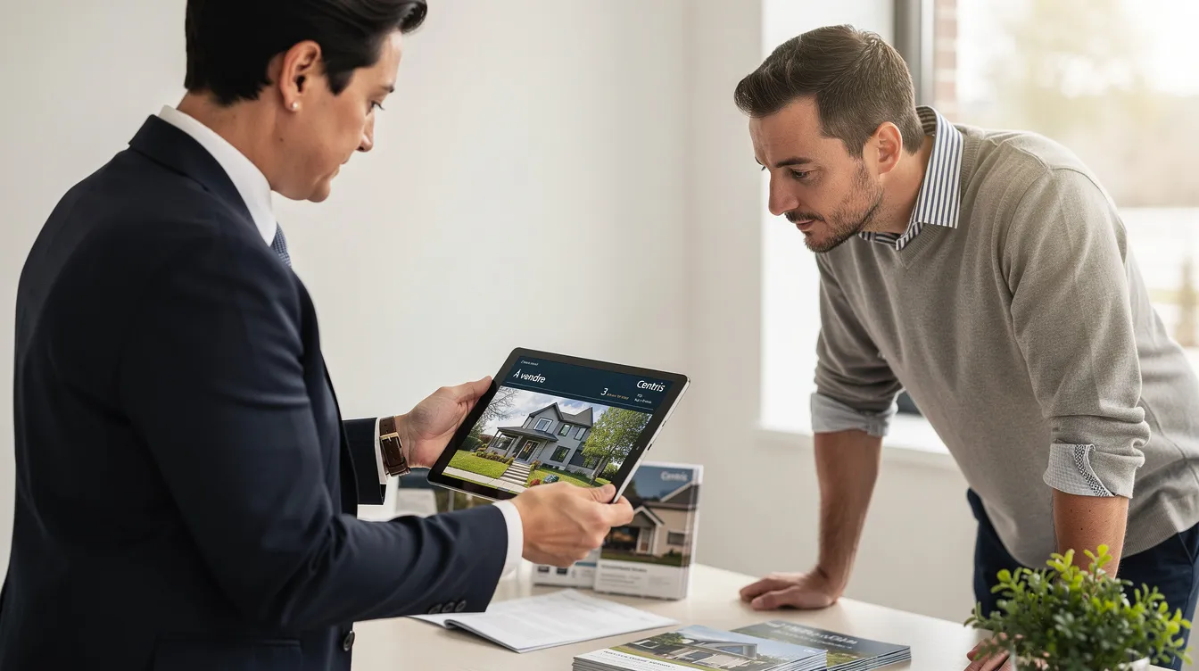 Un courtier immobilier montre des inscriptions Centris sur une tablette à un acheteur, illustrant ainsi le processus d'achat d'une maison. Cette interaction souligne le rôle essentiel d'un courtier dans la recherche et la négociation pour trouver la propriété idéale.