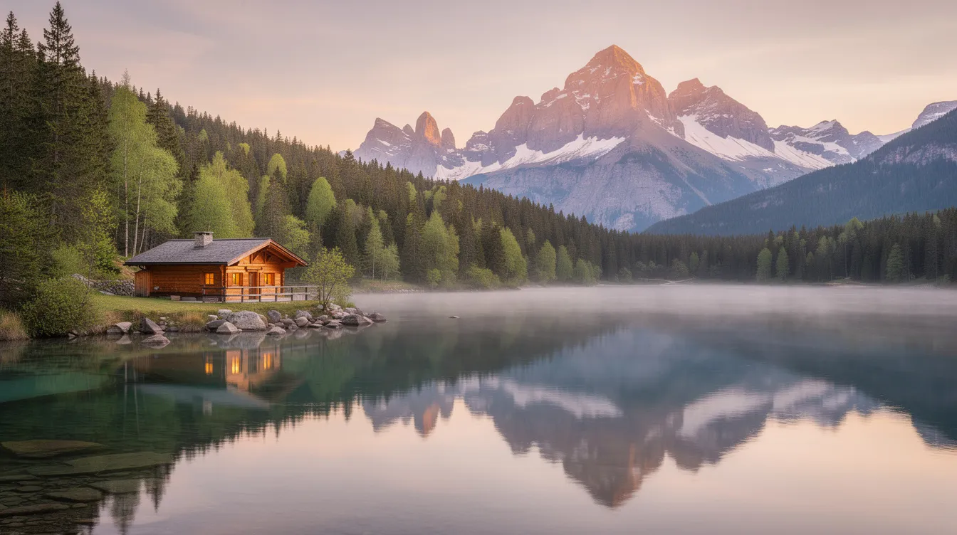 Un chalet en bois se dresse au bord d'un lac calme, entouré d'une forêt verdoyante et avec des montagnes majestueuses en arrière-plan. Cette scène paisible évoque une ambiance de détente et de nature, idéale pour ceux qui recherchent des propriétés au bord de l'eau.