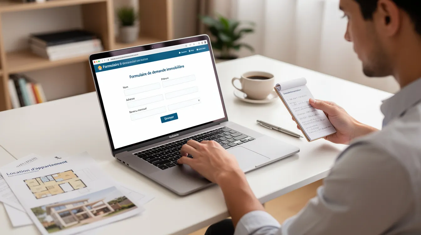 Une personne est assise devant un ordinateur portable, remplissant un formulaire immobilier. Cette scène illustre le processus d'achat d'une maison, mettant en avant l'importance de travailler avec un courtier pour naviguer dans le marché immobilier.