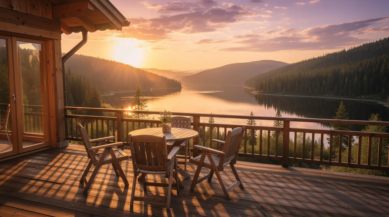 Une terrasse de chalet à vendre offre une vue panoramique sur un lac scintillant et une forêt verdoyante, le tout baigné par les couleurs chaudes du coucher de soleil. Ce cadre idyllique, au bord de l'eau, invite à la détente et à la contemplation.
