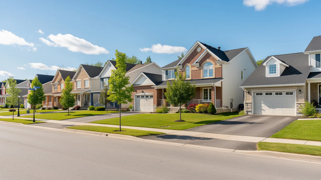 L'image montre des maisons individuelles typiques d'une banlieue québécoise, entourées de pelouses verdoyantes sous un ciel bleu dégagé. Cette scène évoque le marché immobilier dans la région métropolitaine, où les prix moyens des maisons continuent d'évoluer.
