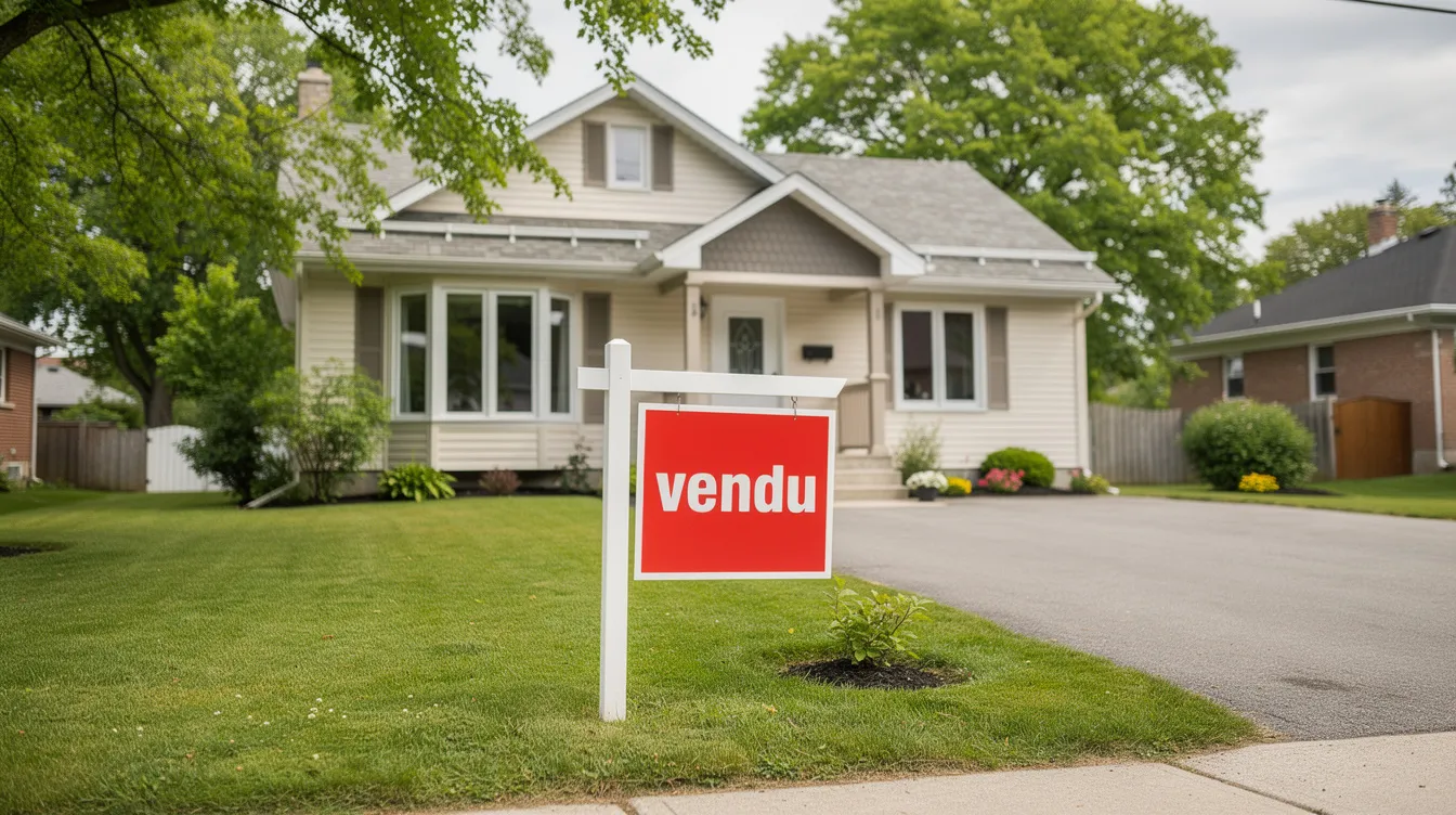 Une maison typique du Québec est mise en valeur avec une pancarte « vendu » plantée dans la pelouse avant, indiquant la conclusion d'une transaction immobilière. Ce visuel évoque le succès d'un achat réalisé avec l'aide d'un courtier immobilier, soulignant l'importance de la mise en marché et des services offerts dans le secteur.