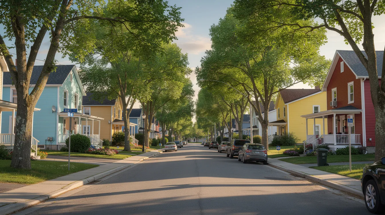 Une rue résidentielle au Québec est illustrée avec des maisons colorées entourées d'arbres matures, typiques de l'été. Cette image évoque le marché immobilier vibrant de la région, où les prix moyens des maisons reflètent la beauté de ces propriétés.