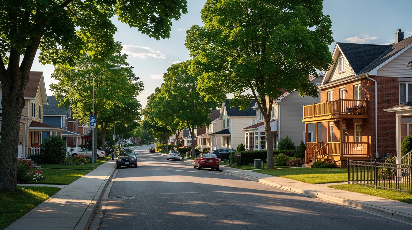 Une rue résidentielle estivale au Québec, bordée de maisons de style traditionnel et d'arbres matures, évoque une atmosphère paisible et sécuritaire. Ce cadre agréable pourrait être idéal pour une transaction immobilière, où les acheteurs et vendeurs pourraient explorer les prix de vente et les services d'un courtier immobilier.