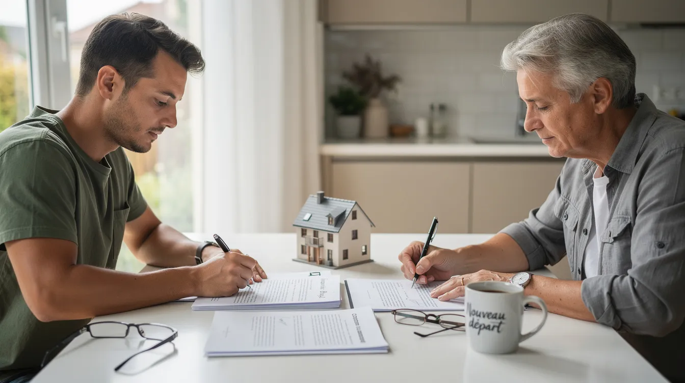 Deux personnes sont assises à une table de cuisine, signant des documents liés à une transaction immobilière, probablement pour une maison en reprise de finance. L'ambiance est sérieuse, avec des papiers étalés devant elles, symbolisant les étapes importantes du processus d'achat et de vente.