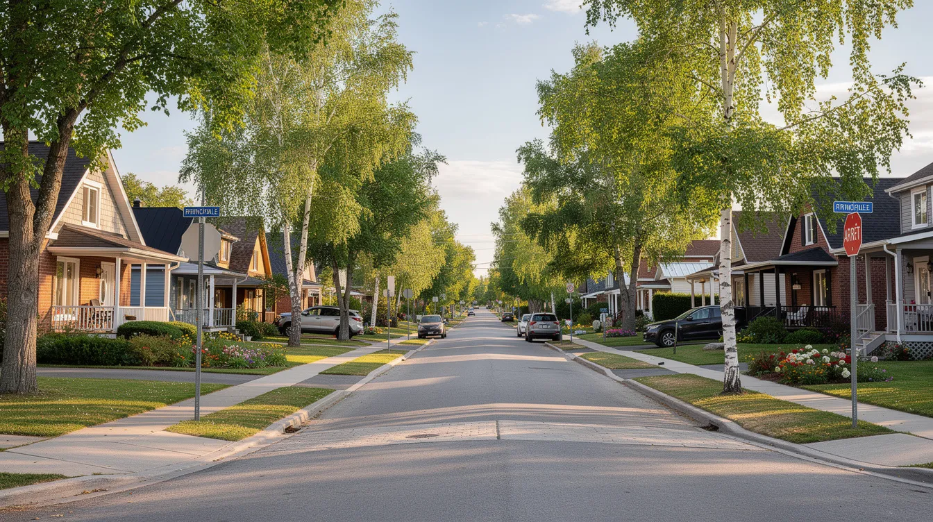 L'image montre une rue résidentielle typique du Québec, bordée de maisons unifamiliales, avec des jardins bien entretenus et des arbres verdoyants, évoquant un été paisible. Cette scène illustre l'importance d'une bonne évaluation gratuite de maison pour les acheteurs et vendeurs dans le processus de transaction immobilière.