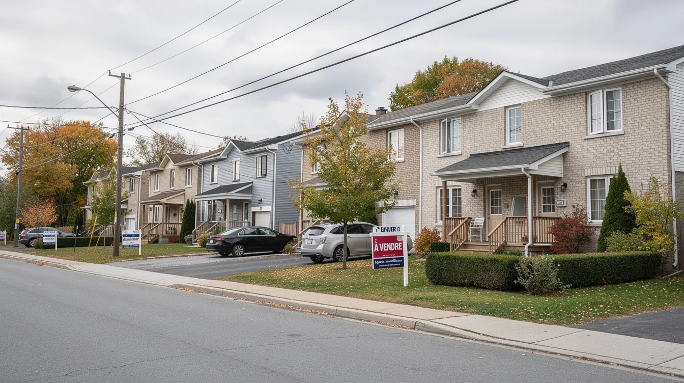Une rue résidentielle au Québec montre des maisons en rangée, certaines avec des pancartes de vente indiquant des options d'achat, que ce soit par duproprio ou d'un courtier immobilier. L'image illustre le marché immobilier local, offrant aux acheteurs une chance de découvrir leur future propriété.