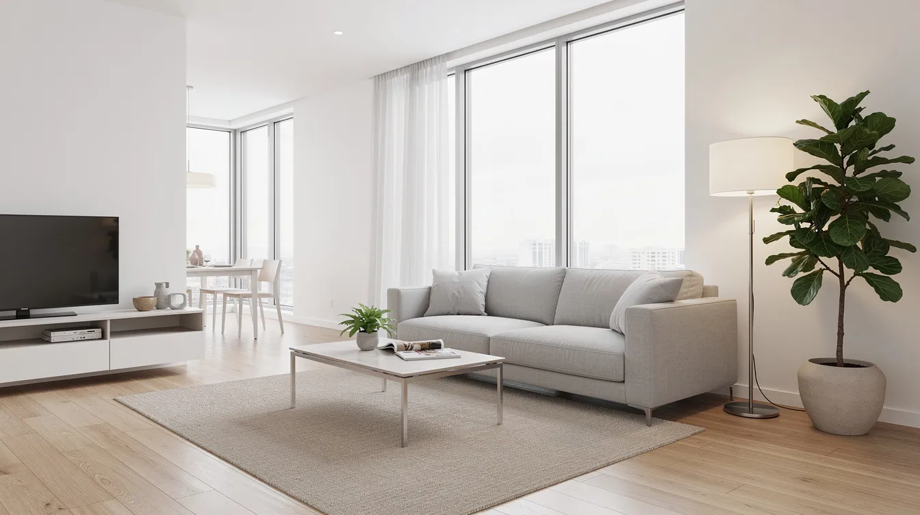 L'image montre un salon lumineux et épuré, prêt pour une visite immobilière, avec des meubles modernes et une décoration minimaliste. Cet espace accueillant met en valeur la propriété, idéale pour les acheteurs en quête de leur future habitation.